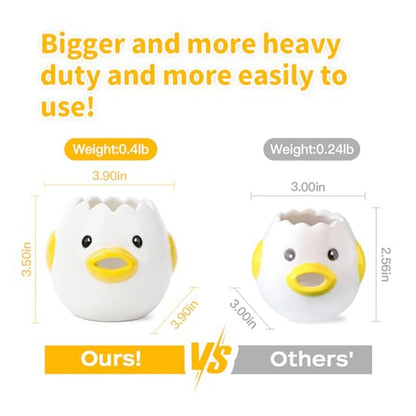 Comparison infographic of two ceramic duck-shaped egg separators. Left 'Ours' is larger at 3.90x3.50in, weighing 0.4lb. Right 'Others' is smaller at 3.00x2.56in, weighing 0.24lb. Text reads 'Bigger and more heavy duty and more easily to use!'