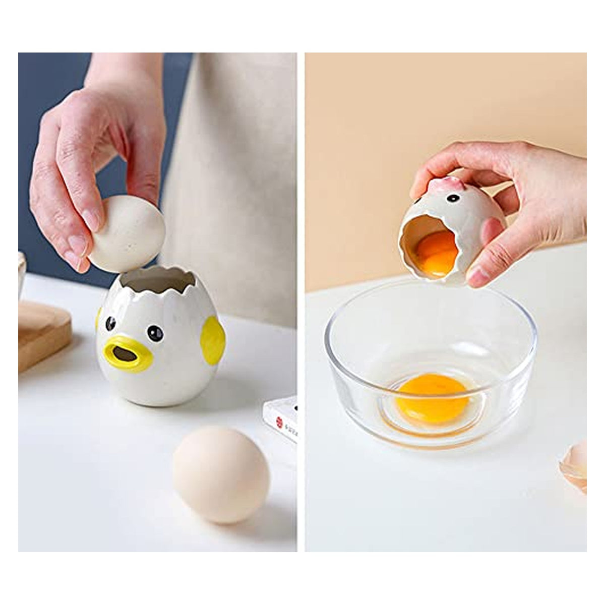 Two-panel image of a ceramic egg separator shaped like a cracked egg with a chick face featuring a yellow beak and dot eyes. Left panel shows it as a holder; right panel shows egg yolk being poured into a glass bowl.