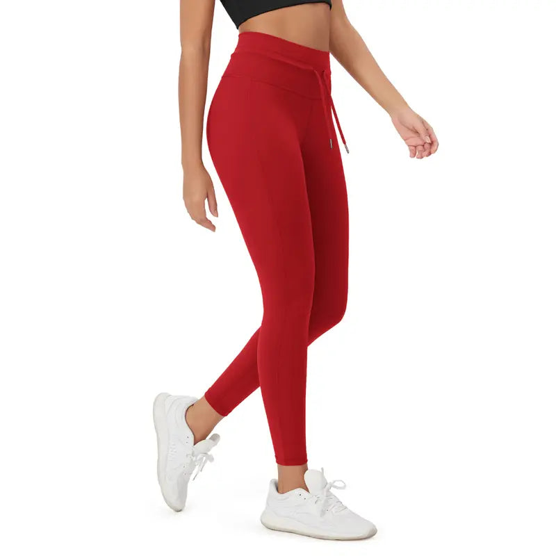 Red high-waist drawstring leggings