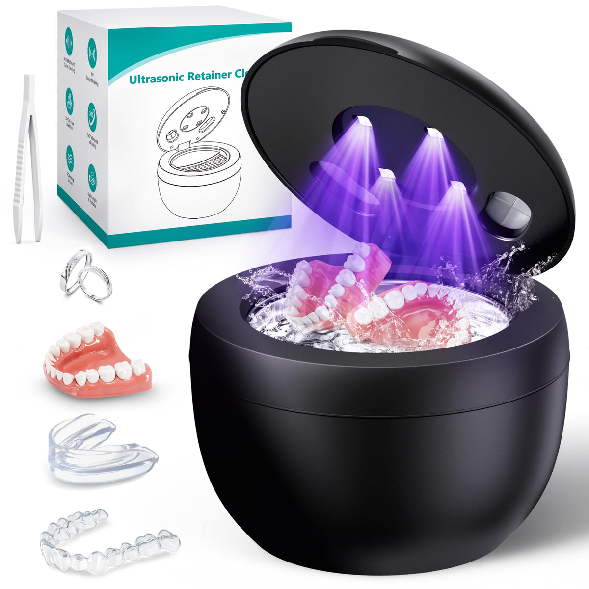 Upgraded Ultrasonic Retainer Cleaner, 45kHz Ultrasonic Dentures Cleaner for Night Guards, Jewelry and More, 4 Modes Cleaning Pod 200ML, Black