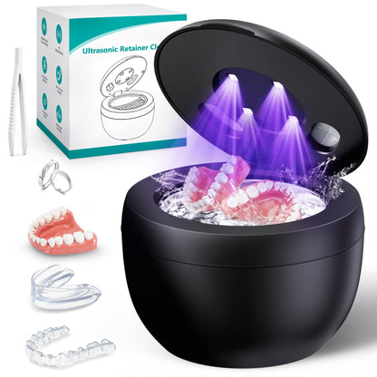 Upgraded Ultrasonic Retainer Cleaner, 45kHz Ultrasonic Dentures Cleaner for Night Guards, Jewelry and More, 4 Modes Cleaning Pod 200ML, Black
