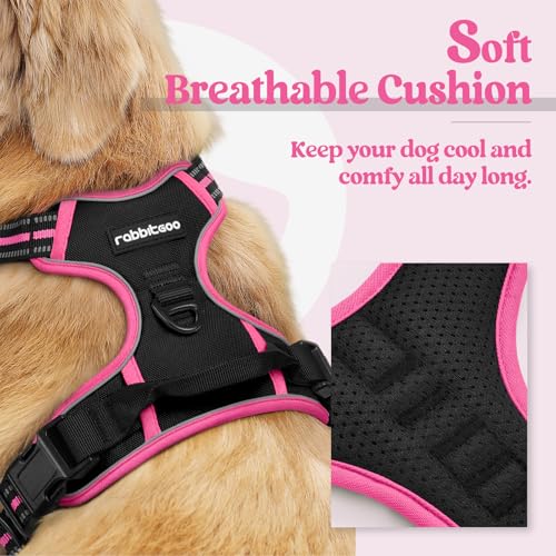 Rabbitgoo dog harness in black with hot pink trim shown on a golden dog, featuring a D-ring and buckle. Inset close-up shows breathable mesh padding. Text reads 'Soft Breathable Cushion - Keep your dog cool and comfy all day long.'