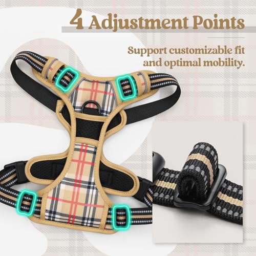 Dog harness in beige plaid pattern with black straps, featuring 4 glowing teal-highlighted adjustment points. Text reads '4 Adjustment Points - Support customizable fit and optimal mobility.' Inset shows close-up of buckle and reflective strap.
