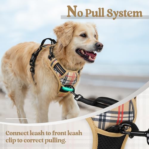 Golden retriever wearing a beige plaid dog harness with black hardware at a beach. The harness features a front leash clip with teal accent. Text reads 'No Pull System' and 'Connect leash to front leash clip to correct pulling.' A close-up inset shows the plaid fabric detail.