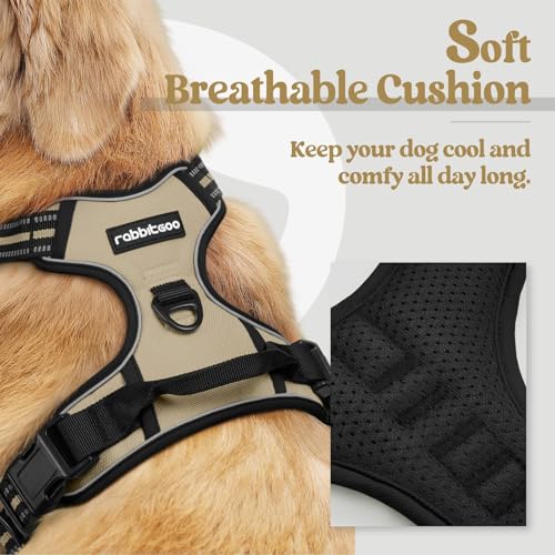 Rabbitgoo dog harness in beige with black trim shown on a golden retriever, featuring reflective strips and a D-ring clip. Inset close-up shows the black breathable mesh interior padding. Text reads 'Soft Breathable Cushion - Keep your dog cool and comfy all day long.'