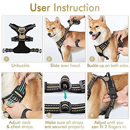 User instruction guide for a dog harness shown in 6 steps: 1) unbuckle the harness, 2) slide over dog's head, 3) buckle up on both sides, 4) adjust neck and chest straps, 5) secure all straps, 6) adjust until two fingers fit inside., 3+ more images are available