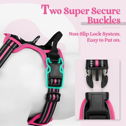 Promotional graphic of a black and hot pink dog harness highlighting 'Two Super Secure Buckles' with a close-up of a glowing buckle and a side panel showing the buckle's non-slip lock mechanism. Text reads 'Non-Slip Lock System. Easy to Put on.'