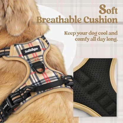 Rabbitgoo dog harness in beige plaid pattern worn by a golden dog, with a close-up inset showing the black breathable mesh interior lining. Text reads 'Soft Breathable Cushion - Keep your dog cool and comfy all day long.'