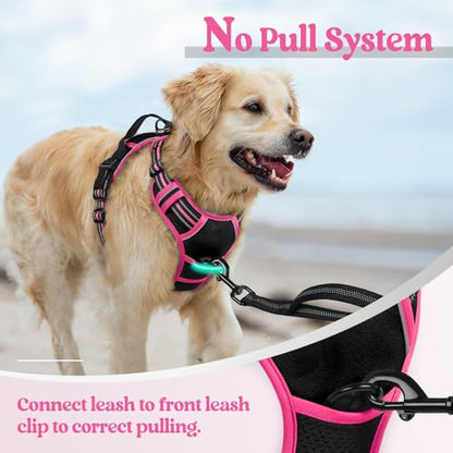 Golden retriever wearing a black and hot pink no-pull dog harness with reflective trim, shown outdoors. A close-up inset highlights the front leash clip. Text reads 'No Pull System' and 'Connect leash to front leash clip to correct pulling.'