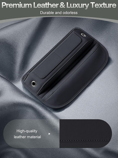 Black leather car seat gap filler organizer shown from above on a leather surface. Features visible card slots, stitched edges, and metal grommets. Text reads 'Premium Leather & Luxury Texture' and 'High-quality leather material.', 4+ more images are available 4+