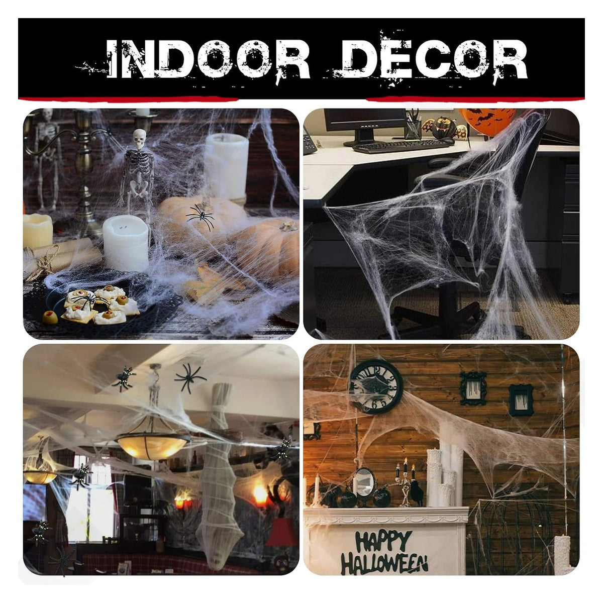 Large stretchable spider web material and decoration example; store packs include 100 spiders per web pack, other props not included.