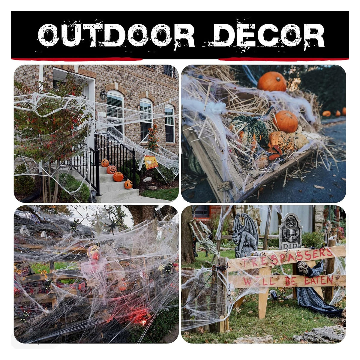 Large stretchable spider web material and decoration example; store packs include 100 spiders per web pack, other props not included.