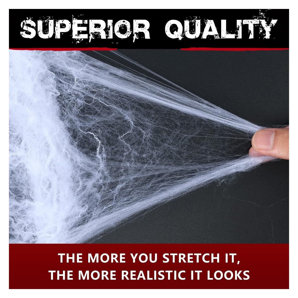 Large stretchable spider web material and decoration example; store packs include 100 spiders per web pack, other props not included.