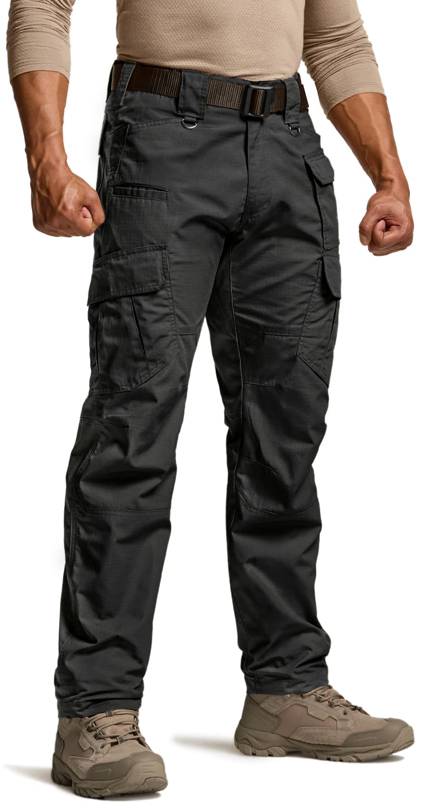 Dark gray tactical cargo pants shown on a male model from the waist down. Features multiple pockets including large side cargo pockets, a black belt, and straight-leg fit. Worn with tan lace-up boots.