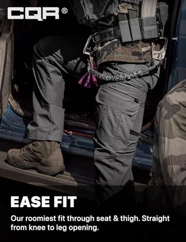 CQR tactical cargo pants in dark gray shown on a person stepping out of a vehicle, wearing tactical gear. Bold text reads 'EASE FIT' with description: 'Our roomiest fit through seat & thigh. Straight from knee to leg opening.'