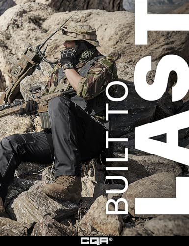 CQR promotional banner showing a person in full tactical gear seated on rocky terrain, holding a rifle, wearing black tactical cargo pants, tan boots, and camouflage top. Bold white text reads 'BUILT TO LAST' with CQR logo at bottom.