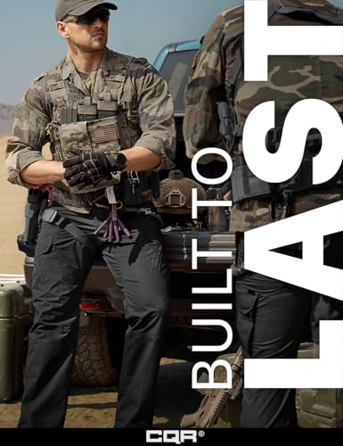 CQR promotional banner showing a man in tactical gear wearing dark cargo pants, a camo jacket, and tactical vest, leaning against a truck outdoors. Text reads 'Built to Last' with CQR logo at bottom.