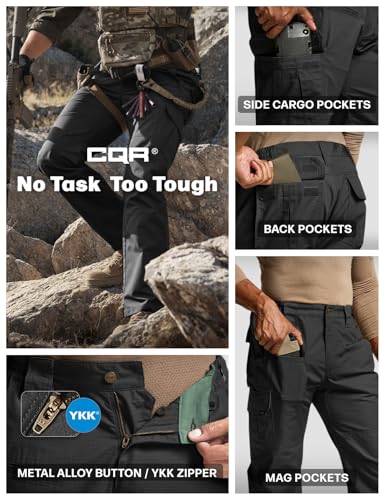CQR tactical cargo pants promotional graphic with tagline 'No Task Too Tough.' Five panels highlight features: lifestyle action shot, side cargo pockets, back pockets, mag pockets, and a close-up of the metal alloy button and YKK zipper. Pants shown in black.