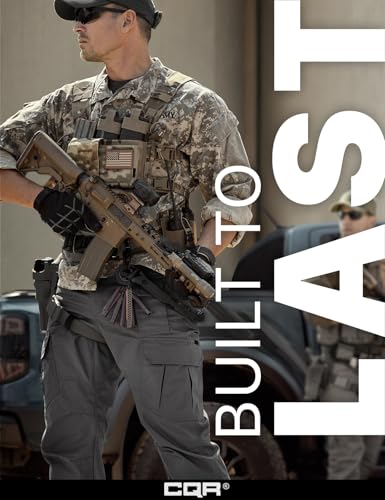 CQR promotional banner showing a man in military gear wearing gray tactical cargo pants with multiple pockets, holding a rifle. Text overlay reads 'Built to Last' with CQR brand logo at bottom.