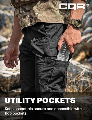 Close-up of black tactical cargo pants worn by a person, showing a large side utility pocket holding a water bottle. Text reads 'UTILITY POCKETS - Keep essentials secure and accessible with flap pockets.' CQR logo visible top right.