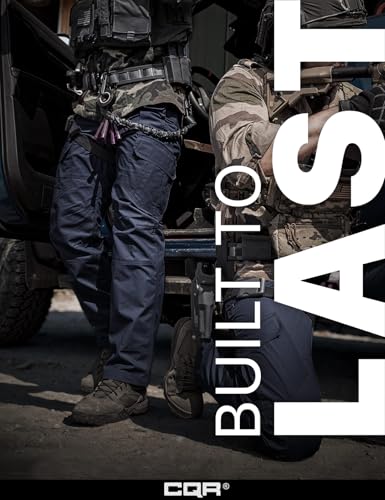 Promotional banner for CQR tactical pants showing two figures in tactical gear near a vehicle. One wears navy blue cargo pants with multiple pockets. Bold white text reads 'BUILT TO LAST' with CQR logo at bottom.