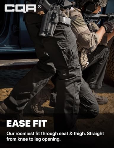 CQR tactical cargo pants in dark gray shown on a person in a dynamic kneeling stance. Multiple cargo pockets visible on the thigh. Text reads 'EASE FIT - Our roomiest fit through seat & thigh. Straight from knee to leg opening.'