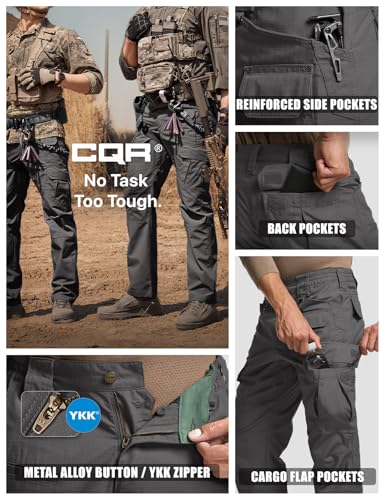 CQR tactical cargo pants shown in 5 panels: two people wearing gray pants outdoors with tagline 'No Task Too Tough,' plus close-ups of reinforced side pockets, back pockets, cargo flap pockets, and a YKK zipper with metal alloy button.