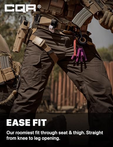 CQR tactical cargo pants in dark brown, shown on a person in full tactical gear with holster and accessories. Text reads 'EASE FIT - Our roomiest fit through seat & thigh. Straight from knee to leg opening.'