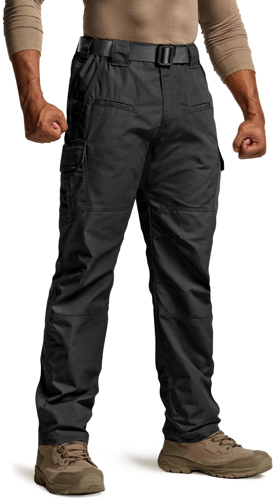 Dark gray tactical cargo pants shown on a male model from waist to feet. Features a black belt, large side cargo pockets, reinforced knee panels, and a straight leg fit. Paired with tan boots.