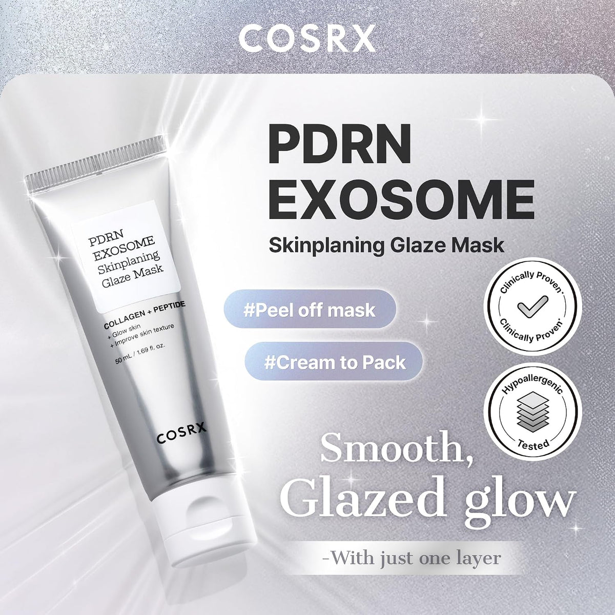 COSRX PDRN Exosome Skinplaning Glaze Mask in a white and silver squeeze tube. Promotional banner highlights 'Peel off mask' and 'Cream to Pack' features, with 'Smooth, Glazed glow - With just one layer' tagline. Clinically Proven and Hypoallergenic Tested badges shown., 7+ more images are available