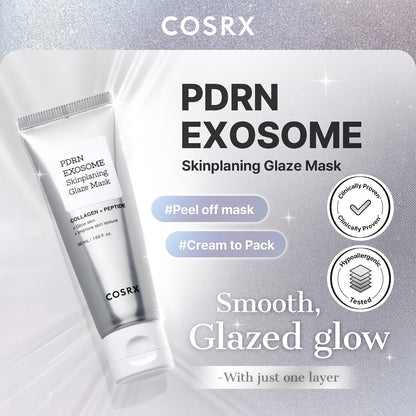 COSRX PDRN Exosome Skinplaning Glaze Mask in a white and silver squeeze tube. Promotional banner highlights 'Peel off mask' and 'Cream to Pack' features, with 'Smooth, Glazed glow - With just one layer' tagline. Clinically Proven and Hypoallergenic Tested badges shown., 7+ more images are available
