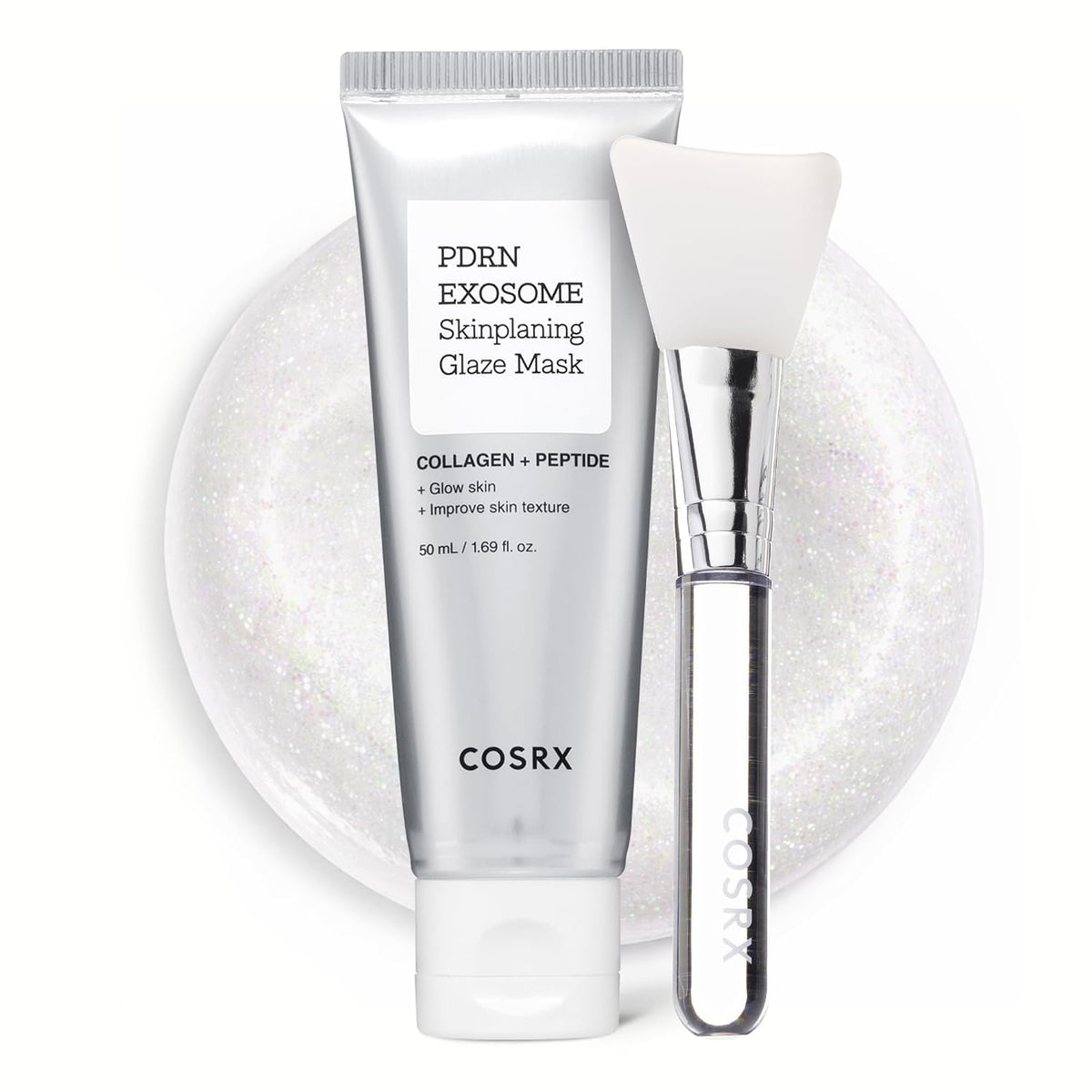 COSRX PDRN Exosome Skinplaning Glaze Mask in a silver tube (50 ml) with a silicone applicator brush, both displayed on a pearlescent glittery white circular backdrop. Label reads Collagen + Peptide, Glow skin, Improve skin texture.