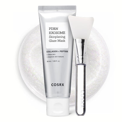 COSRX PDRN Exosome Skinplaning Glaze Mask in a silver tube (50 ml) with a silicone applicator brush, both displayed on a pearlescent glittery white circular backdrop. Label reads Collagen + Peptide, Glow skin, Improve skin texture.