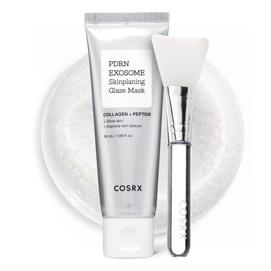 COSRX PDRN Exosome Skinplaning Glaze Mask in a silver tube (50 ml) with a silicone applicator brush, both displayed on a pearlescent glittery white circular backdrop. Label reads Collagen + Peptide, Glow skin, Improve skin texture.