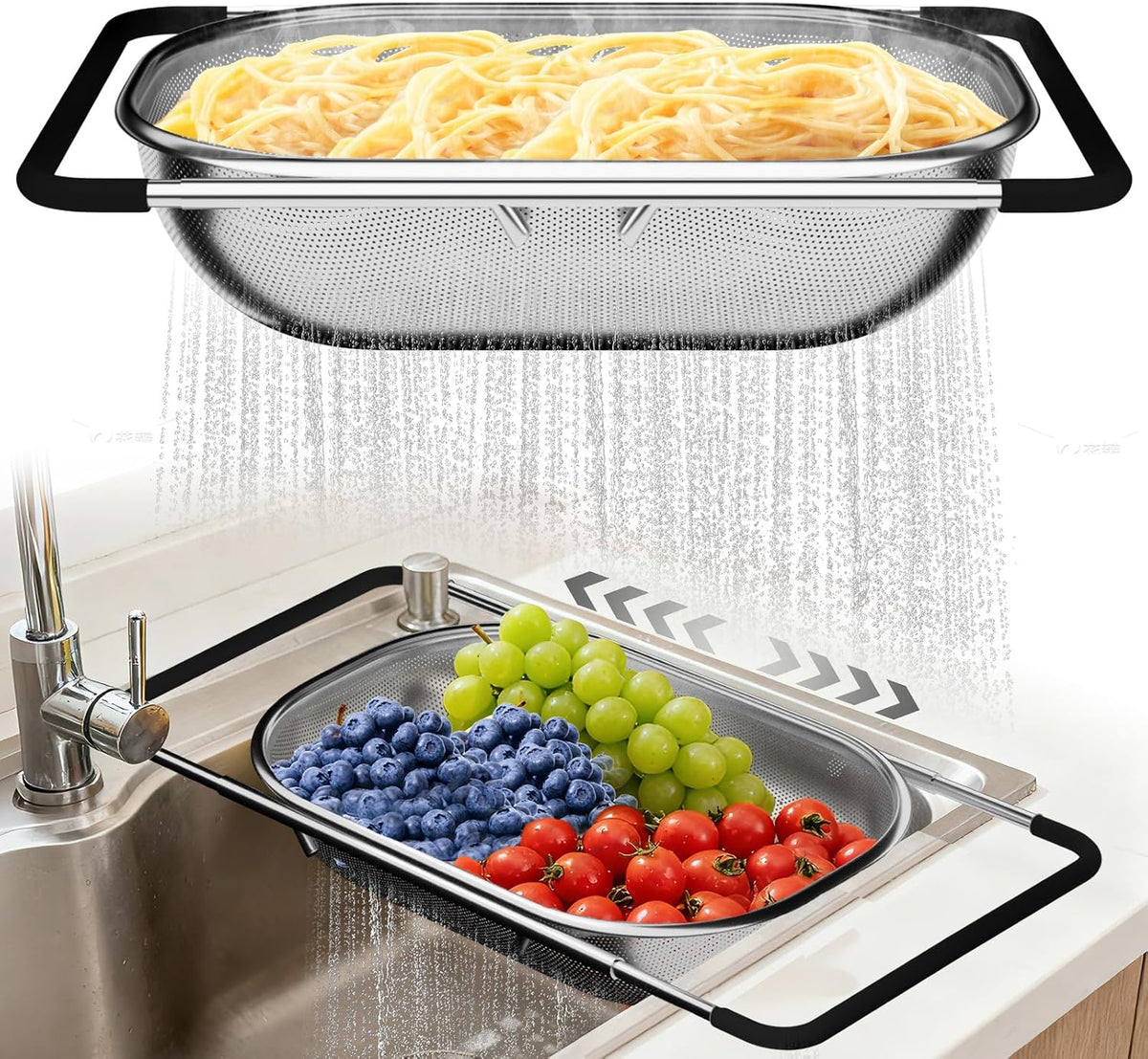 Light Black — Over the Sink Colander - Strainers and Colanders - Sink Strainer Basket - Expandable Fine Mesh Strainer with Rubber Grip for Veggie, Fruits, Pasta, Home Kitchen Essentials (9.5W x 13.4-21.3L x 3.3H)