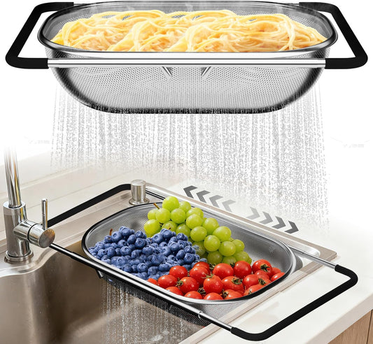 Light Black — Over the Sink Colander - Strainers and Colanders - Sink Strainer Basket - Expandable Fine Mesh Strainer with Rubber Grip for Veggie, Fruits, Pasta, Home Kitchen Essentials (9.5W x 13.4-21.3L x 3.3H)