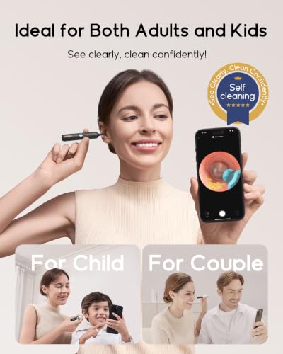 Promotional banner for a smart ear cleaning camera tool. Text reads 'Ideal for Both Adults and Kids' and 'See clearly, clean confidently!' Woman uses the black device near her ear while holding a smartphone showing a live ear canal view. Two sub-panels show 'For Child' and 'For Couple' use scenarios., 2+ more images are available