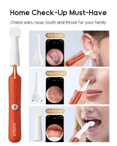 Bebird branded orange and white handheld ear camera device shown with 3 interchangeable white attachment tips. Promotional banner reads 'Home Check-Up Must-Have' with panels showing Ear Exam, Nasal Exam, and Oral Exam uses via smartphone.