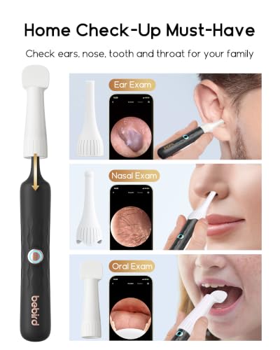 Bebird home health inspection device shown with three attachment types for ear, nasal, and oral exams. Promotional banner reads 'Home Check-Up Must-Have.' Each use case shows a smartphone displaying live camera footage alongside a person using the attachment.