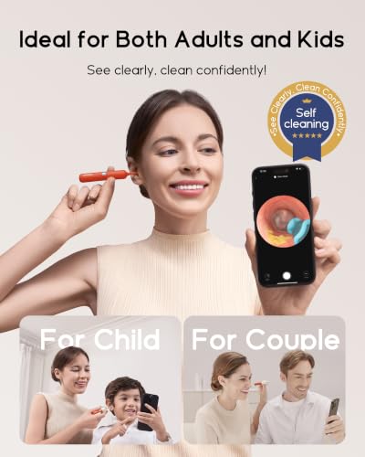 Promotional banner for a smart ear cleaning camera. A woman uses an orange ear camera while holding a smartphone showing a live ear canal view. Two inset panels show 'For Child' and 'For Couple' use cases. Text reads 'Ideal for Both Adults and Kids' and 'Self Cleaning'., 2+ more images are available