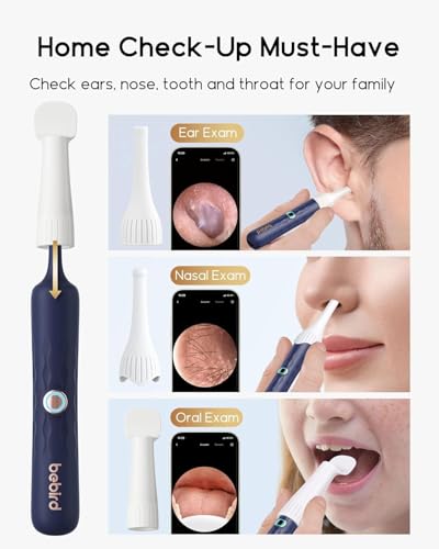 Bebird branded dark navy otoscope device shown with three interchangeable white attachment tips for ear, nasal, and oral exams. Promotional banner reads 'Home Check-Up Must-Have' with phone screen previews showing internal camera views., 2+ more images are available