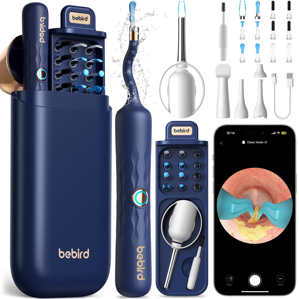 Bebird branded ear wax removal kit in navy blue, showing a storage case with tools, a handheld camera device, attachment tips, accessories, and a smartphone displaying a live ear canal camera view in the app.