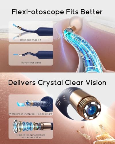 Promotional infographic for a flexible ear camera showing two features: a bendable probe that fits curved ear canals, and a close-up of the gold-toned camera head with triple-layer optical lenses and blue LED lighting.
