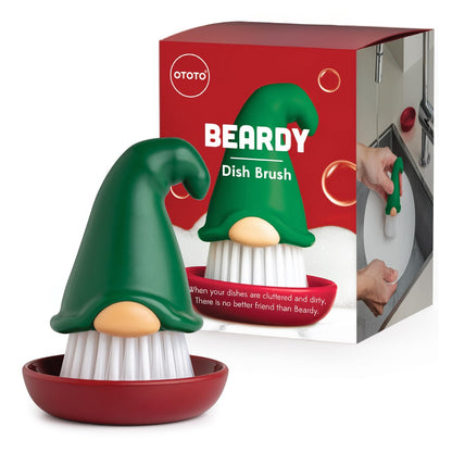 OTOTO Beardy Gnome Dish Brush with Drip Tray - Two-Brush Set - Beardy Green