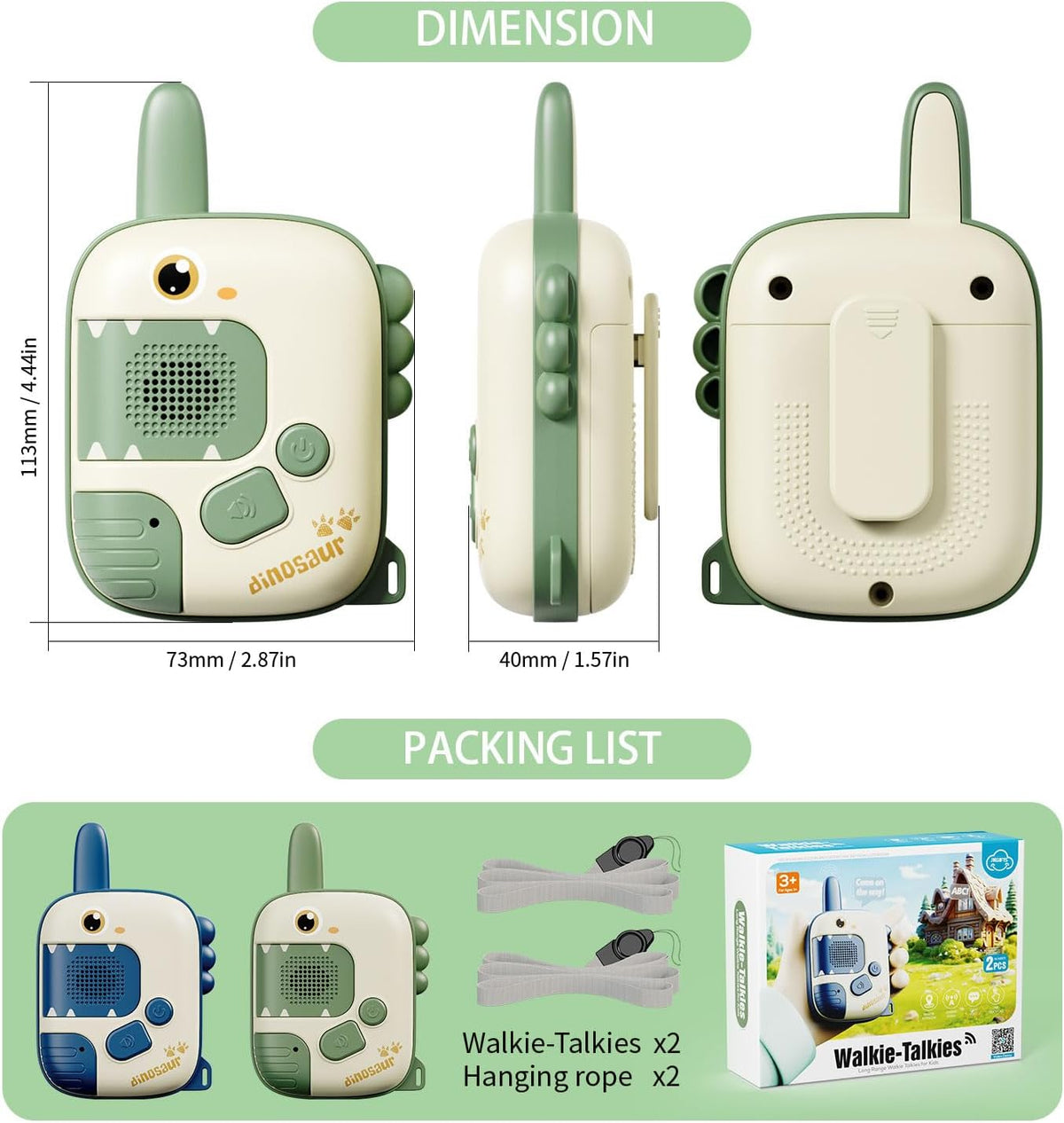 Dimensions and included two walkie talkies and lanyards