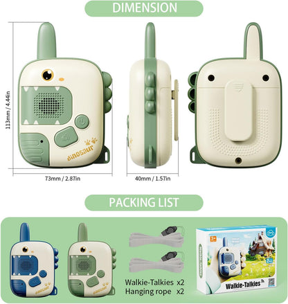 Dimensions and included two walkie talkies and lanyards