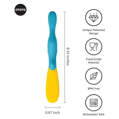 OTOTO spatula measuring 8.35 inches long and 0.87 inch wide, with a teal handle and yellow flat spatula head. Icons on the right highlight: Unique Patented Design, Food-Grade Material, BPA Free, and Dishwasher Safe.