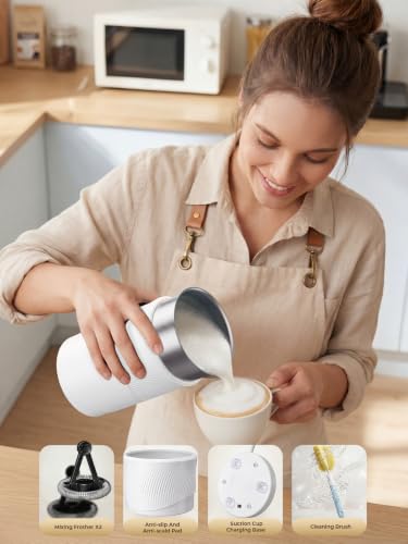 Woman in a beige apron pouring frothed milk from a white electric milk frother into a latte cup. Below, four accessory callouts show: Mixing Frother x2, Anti-slip and Anti-scald Pad, Suction Cup Charging Base, and Cleaning Brush.