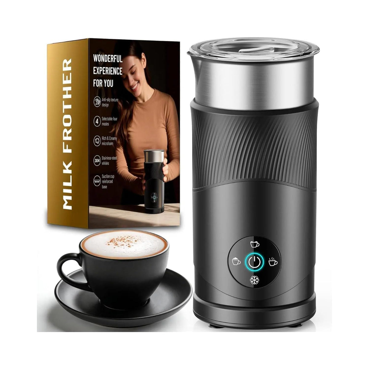Ecoflarix 350ml Electric Milk Frother: 4-in-1 Hot & Cold,120s Fast Frothing | 450W Milk Steamer With 180ml Foam, Under 55dB For Family Mornings - SUS304 Steel, 2 Whisks for Latte, Cappuccino