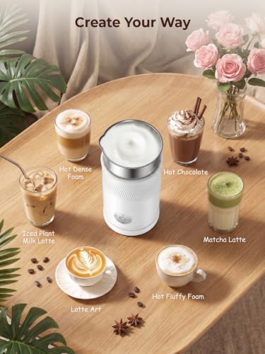 White electric milk frother centered on a wooden table, surrounded by 5 labeled drinks it can make: Hot Dense Foam, Iced Plant Milk Latte, Latte Art, Hot Fluffy Foam, Hot Chocolate, and Matcha Latte. Text reads 'Create Your Way.'